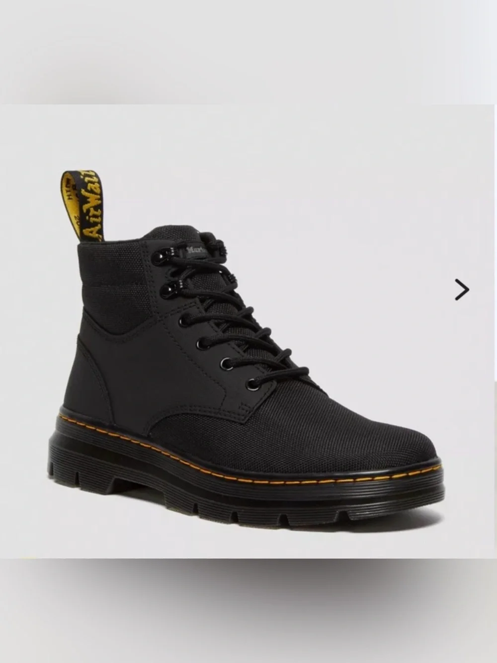 Dr. Martens Black Lace-Up Combat Boot with Yellow Heel Loop